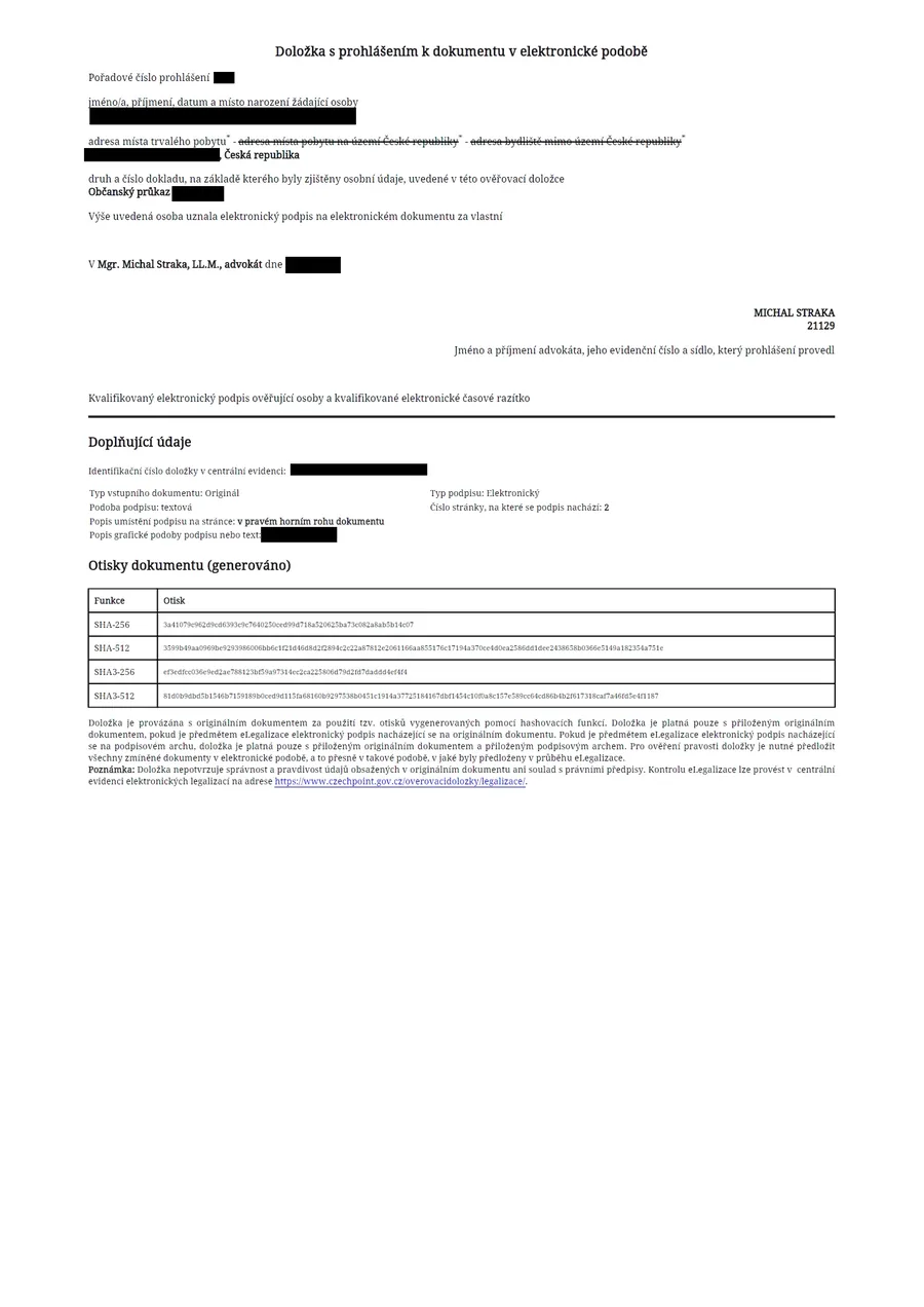 Doložka s prohlášením k dokumentu v elektronické podobě